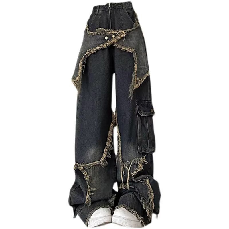 Street Fashion Trends 2025 - 2025年シックゴシックポケットジッパーカジュアルパンツアメリカンレトロウォッシュグランジワイドレッグジーンズストリートスタイルボタンファッションデニムパンツ