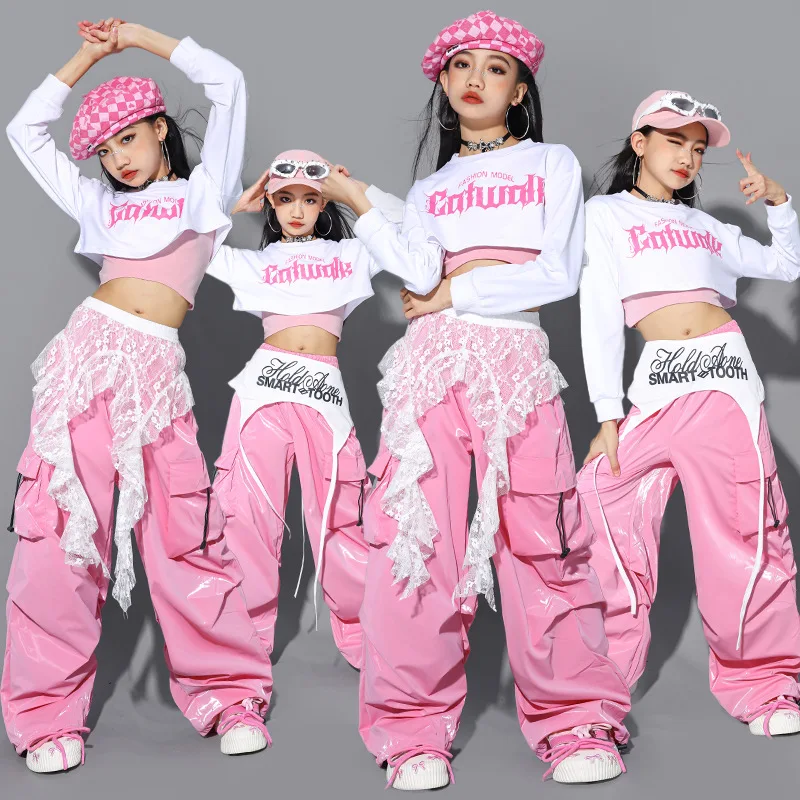 Street Fashion Show - 新しい Kpop ジャズダンスの服女の子のためのファッションヒップホップパフォーマンスウェア子供ピンクシャッフルストリートダンスショーダンサー衣装