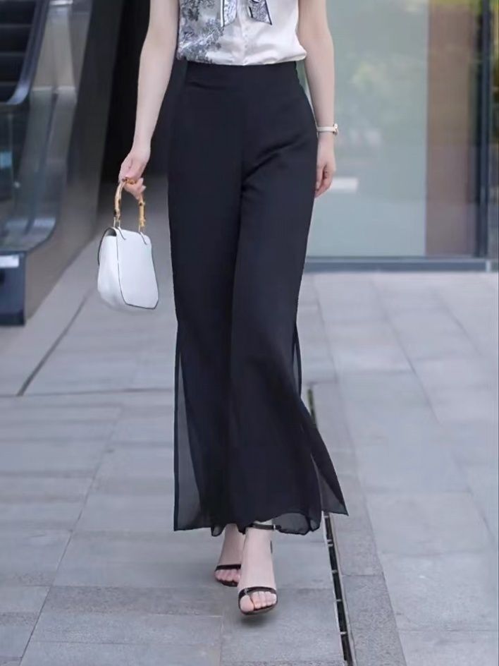 Fashion Street Yoga - 女性用ハイスリットヨガパンツ,モノクロワイドレッグパンツ,サイドソーイングウェア,エレガントでファッショナブルなストリートウェア,黒,ルーズフィット,w36