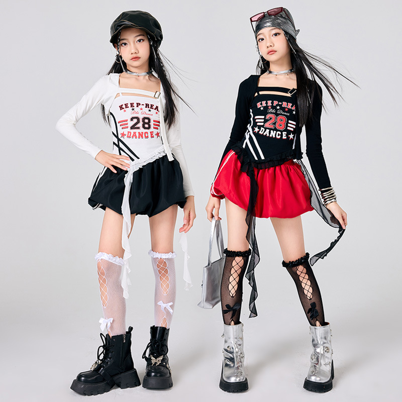 Street Fashion Show - 新しい女の子 K-POP ジャズステージ衣装黒、白トップヒップホップダンス衣装ファッションショーステージ服ストリートセット赤いスカートパンツ