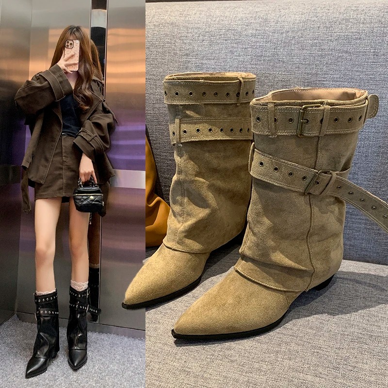 Street Fashion Trends 2025 - 2025年 ポインテッドトゥ レディース ウィンターブーツ デザイナー ミドルヒール