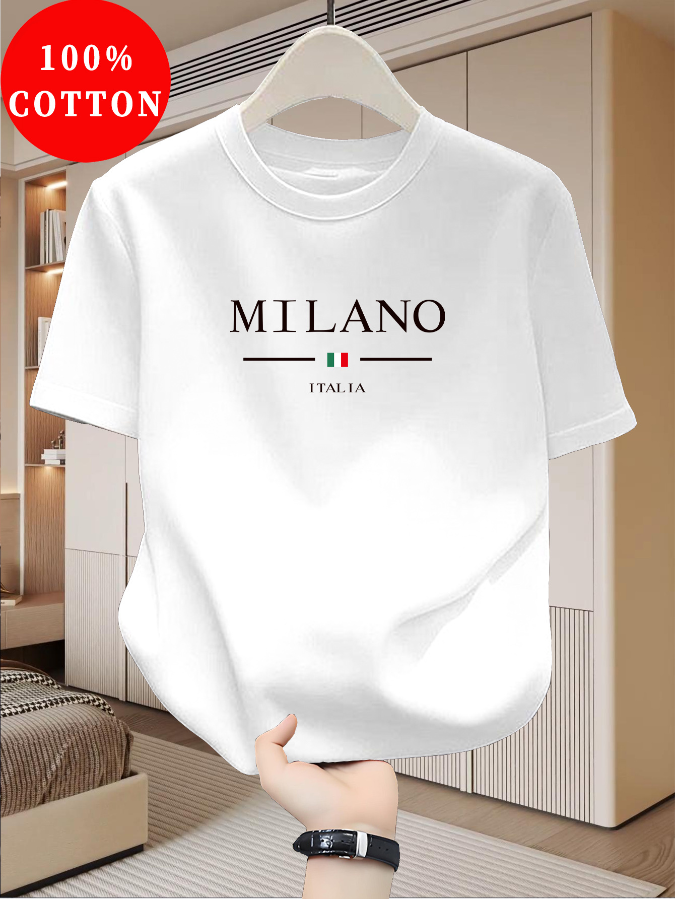 Street Fashion Of Milan - ミラノパターンプリント半袖カジュアルでファッショナブルなラウンドネックデザインの男性と女性の夏のストリートトップス