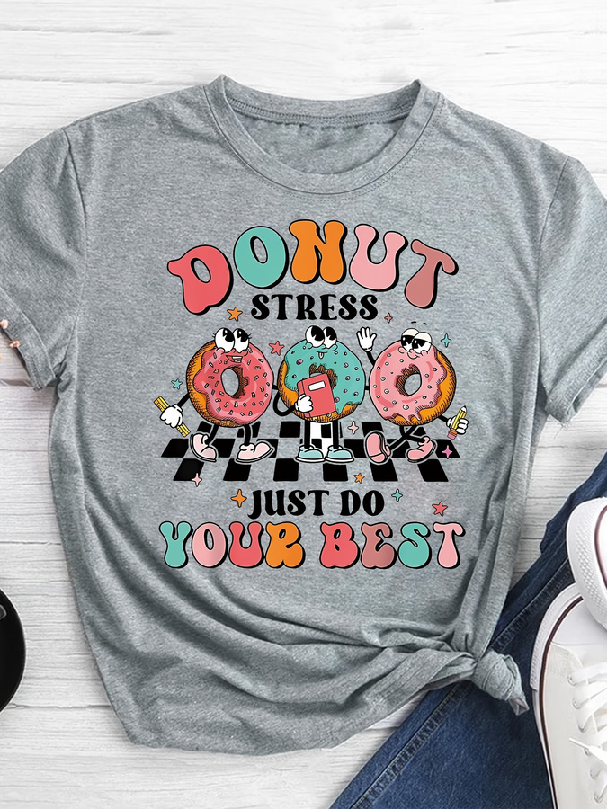 Street Fashion Trends 2025 - 漫画ドーナツプリントTシャツ、夏と春用の半袖クルーネックカジュアルトップ、婦人服