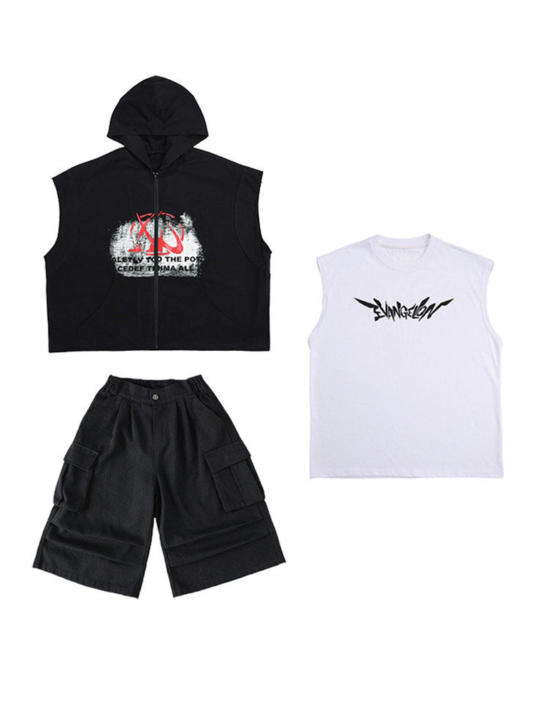 Street Fashion For Boy - ボーイズストリートダンス服ファッション黒フード付きノースリーブトップスショーツ夏子供ヒップホップ練習パフォーマンス衣装 BL19600