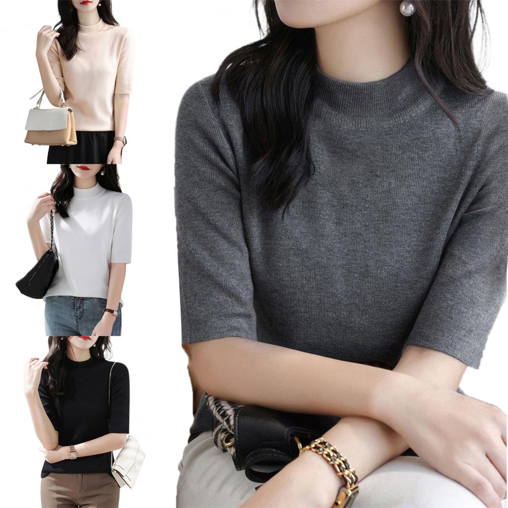 Korean Street Fashion Female - 夏ニットセーター半袖無地韓国ファッションスタイル Tシャツカジュアル O ネック女性服通勤ストリートウェア