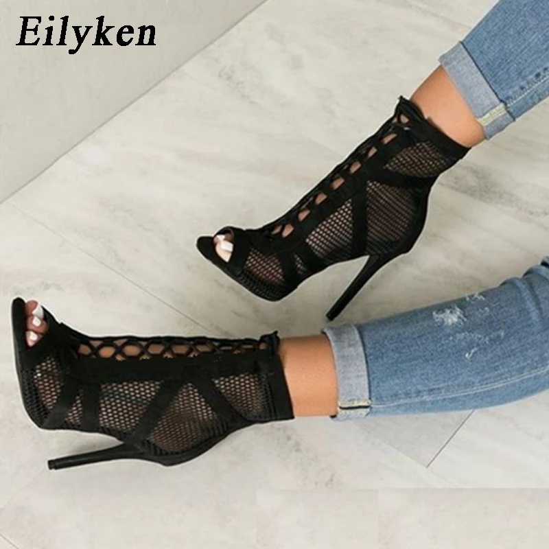 Street Fashion Show - Eilyken-女性のためのハイヒールのブーツ,セクシーなハイヒールの靴,レースアップサンダル,黒のネット生地,ファッションショー