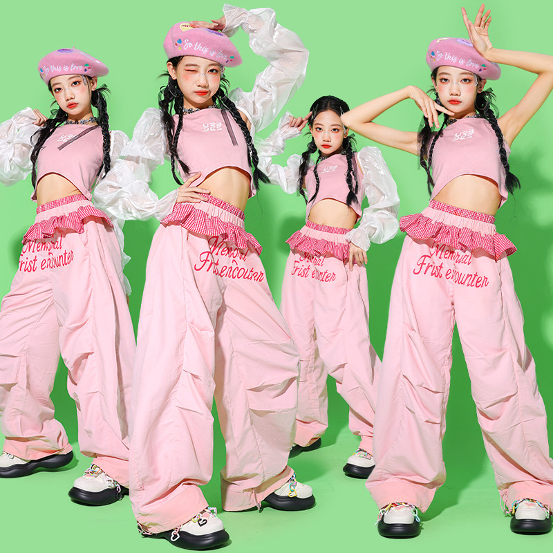Street Fashion Show - ジャズダンスの服女の子のための Kpop 衣装ヒップホップパフォーマンスウェアピンクシャッフルパンツストリートダンスショーファッションスーツ