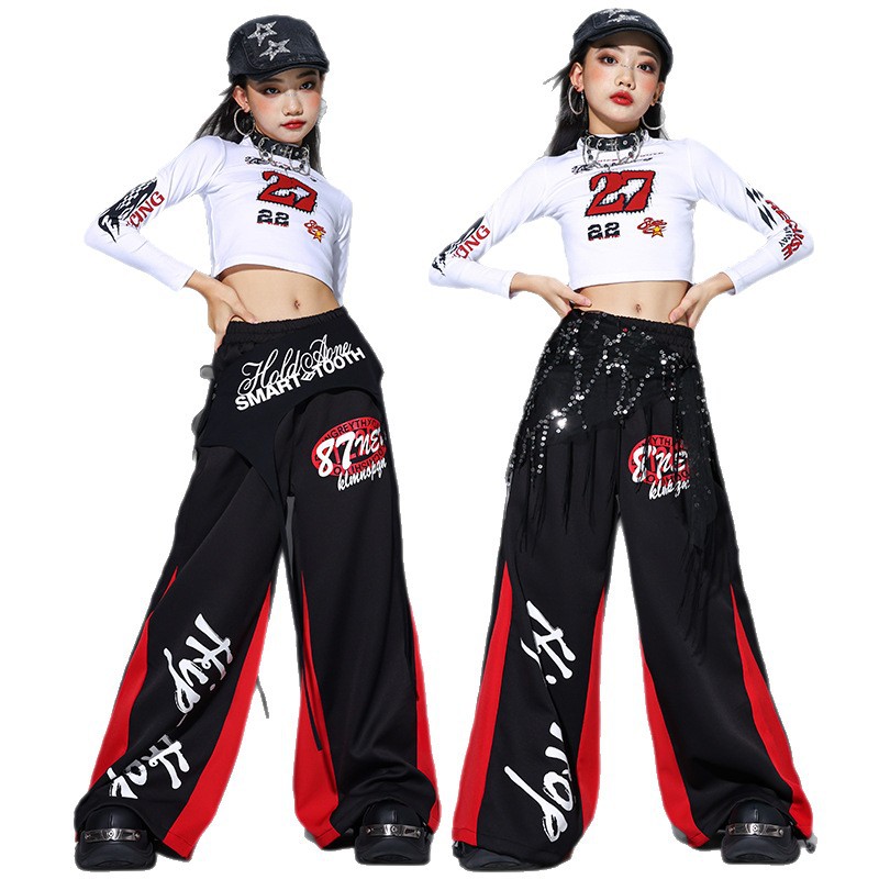 Street Fashion Show - 2025 ジャズダンス服女の子 Kpop ステージショー衣装クロップトップ赤ヒップホップパンツ子供ファッションストリートダンス服