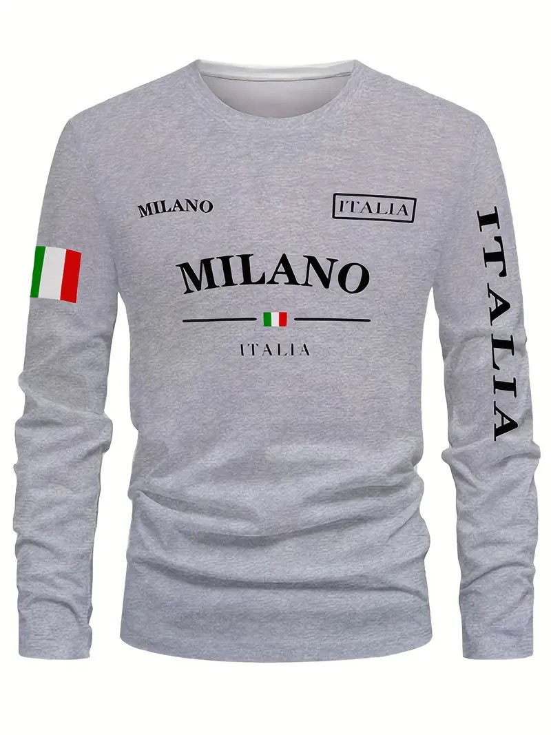 Street Fashion Of Milan - 2026年春夏 メンズ長袖Tシャツ ストリートファッション ミニマリストスタイル ミラノ文字柄 3DプリントTシャツ
