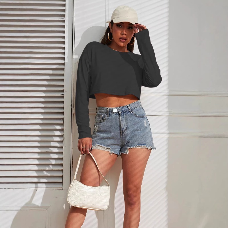 女性用クロップトップTシャツ、無地薄手ルーズフィットクルーネ - Fashion Street Yoga のレビューと価格