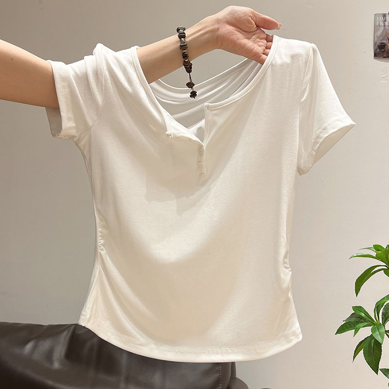 女性の半開襟ボタン T シャツカジュアルスリムフィット半袖  - Korean Street Fashion Female のレビューと価格