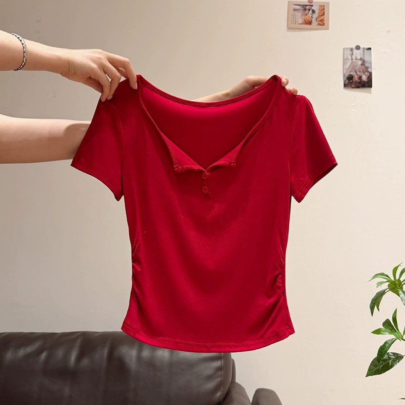 女性の半開襟ボタン T シャツカジュアルスリムフィット半袖  - Korean Street Fashion Female のレビューと価格