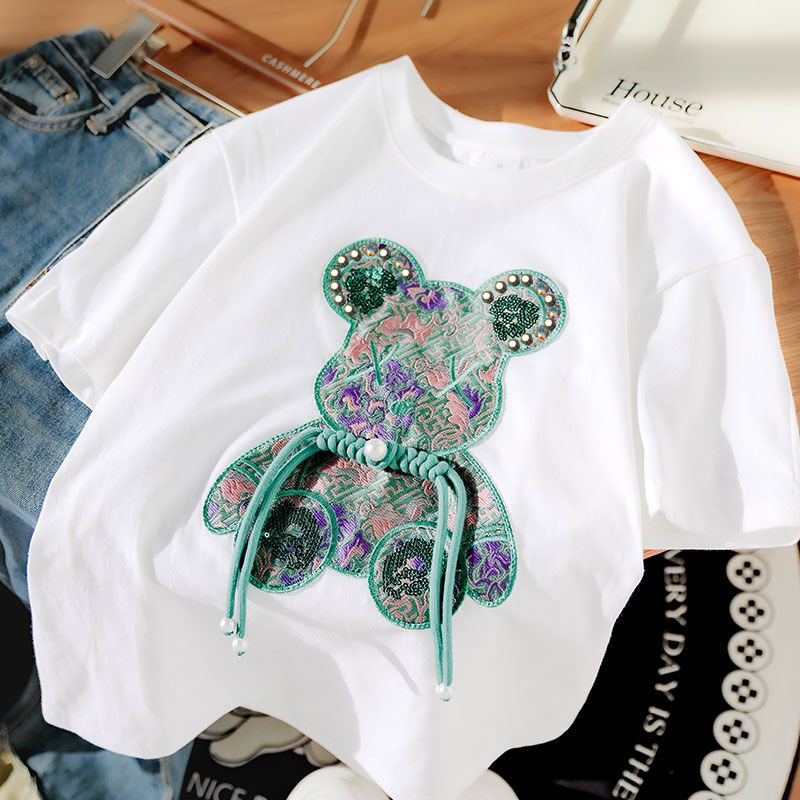 韓国ファッションピンク刺繍クマビーズ Tシャツ女性ヴィンテー - Korean Street Fashion Female のレビューと価格