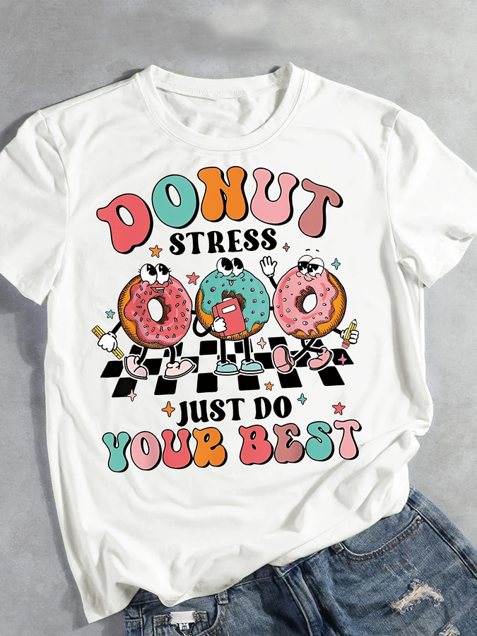 漫画ドーナツプリントTシャツ、夏と春用の半袖クルーネックカジ - Street Fashion Trends 2025 のレビューと価格