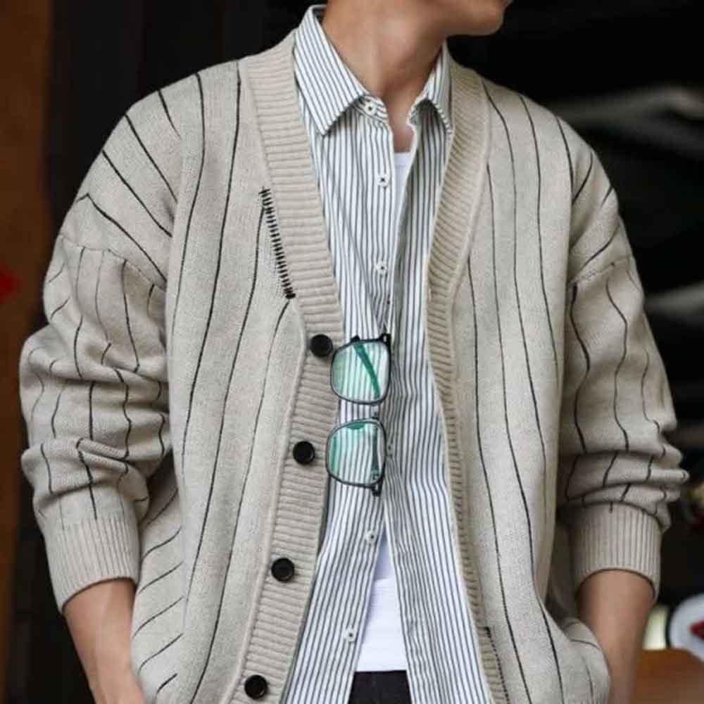 2025年冬新作 メンズ ストライプ柄 長袖 カーディガン  - Street Fashion Trends 2025 のレビューと価格
