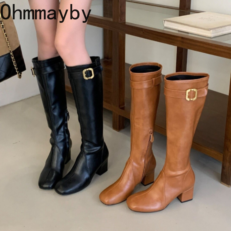 レディースレトロスクエアトゥニーハイブーツメタルバックルブロ - Street Fashion Rome のレビューと価格