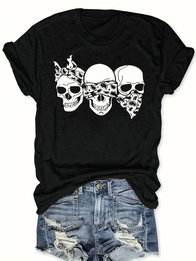 ハッピーカートゥーンスカルTシャツ、ルーズフィット、ラウンド - Street Fashion Trends 2025 のレビューと価格